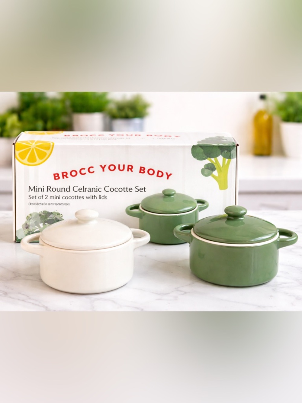 NEW in Box - Round Ceramic Cocotte Set - Green & White
